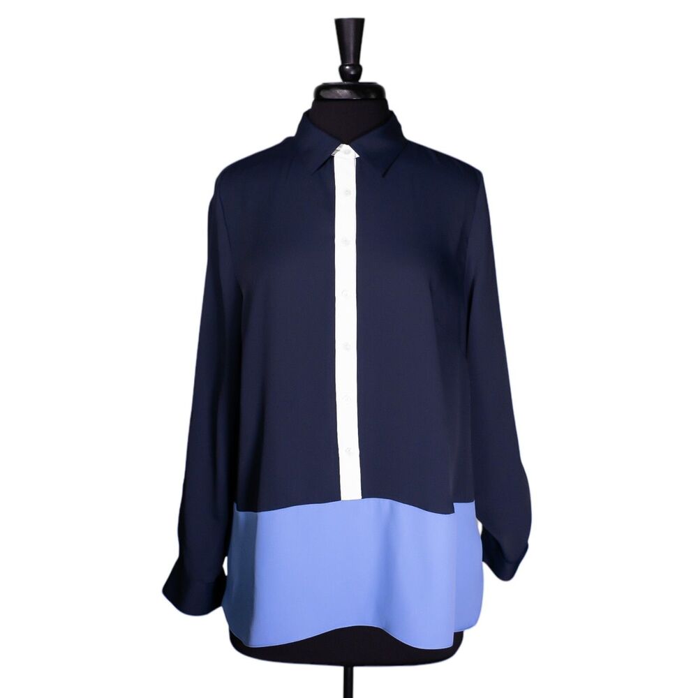 Talbots Womens Button Up Shirt Navy Blue White Colorblock Blouse Collared Top PL